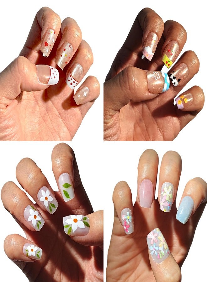 ABOLINE Cat Eye Short Round Press On Nails, Fake Nails with Designs-Colorful Flowers Beige French Tip, Glossy Gel Finish Reusable Glue On Nail, Stick on Nail for Women, 4 Style, Summer - Image 1